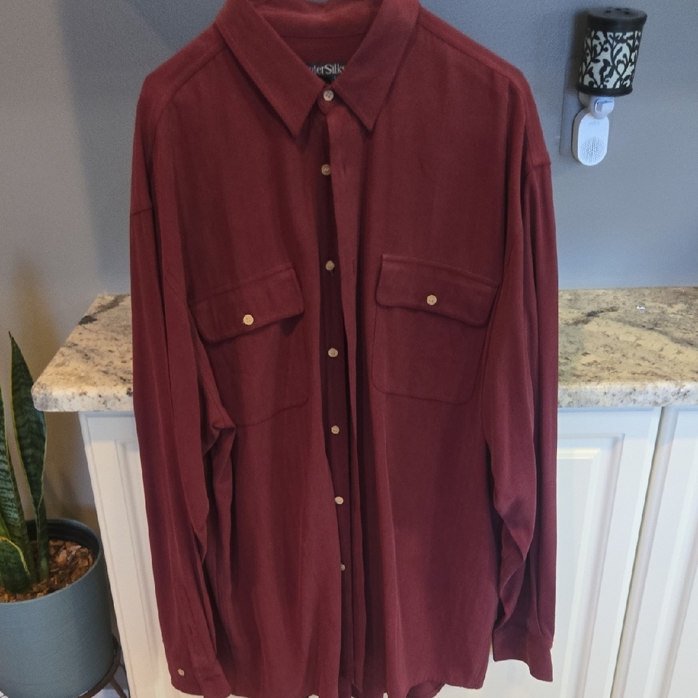 WinterSilks 100% Silk Button-Up Shirt in Deep Burgundy Large TALL